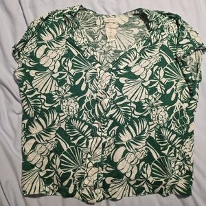Green and White Floral Linen Blouse